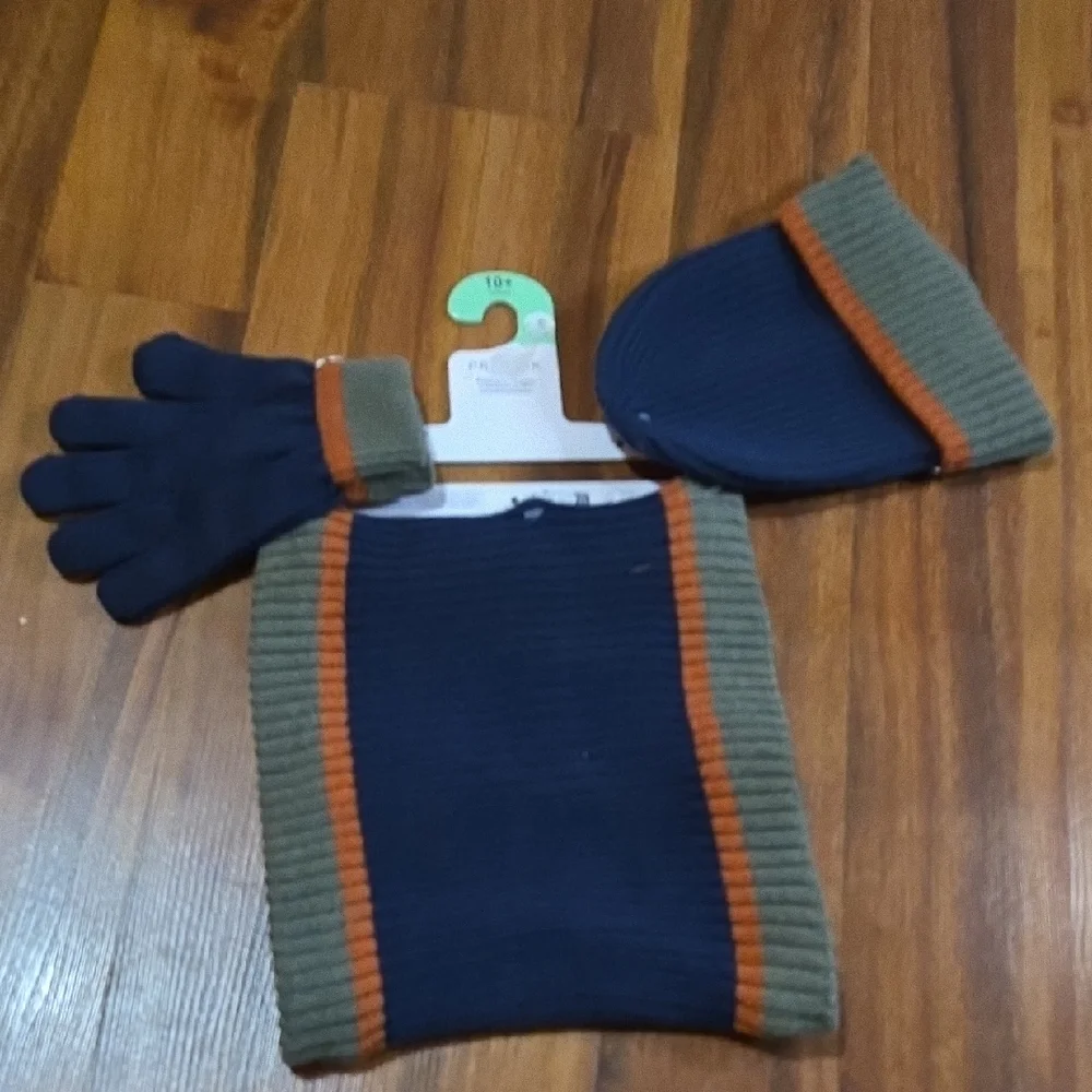 Navy Ribbed Beanie, Scarf & Gloves Set KIDS Olive Orange Trim NWT SIZE 10+